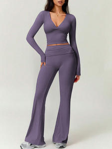 深v领设计性感瑜伽长袖上衣喇叭裤款式运动裤快干透气<span class=keywords><strong>2</strong></span>件套女套装 - Product Image 5
