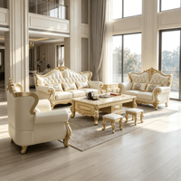 Ensemble de canapés en cuir de style européen de luxe, cadre en bois sculpté doré classique, meubles de salon, canapé pour maison, villa, hôtel