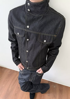 Veste bomber vintage en denim de haute qualité personnalisable, à manches longues, à bouton unique, à ourlet plat, avec deux poches poitrine, 100% coton