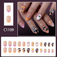 Faux ongles courts brillants ovales pré-dessinés, style français, Halloween, motifs fantôme, chauve-souris, citrouille, carreaux et floraux, 24 pièces