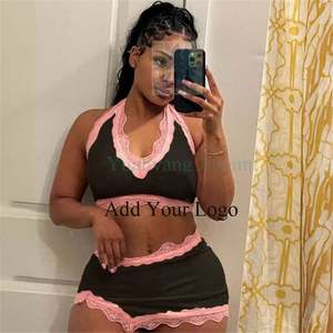 Кружевной лоскутный эластичный Топ контрастных цветов с V-образным вырезом и облегающая юбка с высокой талией - Product Image 2