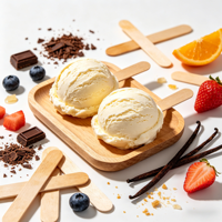 Bâtonnets de crème glacée en bois aux couleurs naturelles et aux saveurs personnalisables ; une variété de saveurs de bâtonnets en bois au choix.