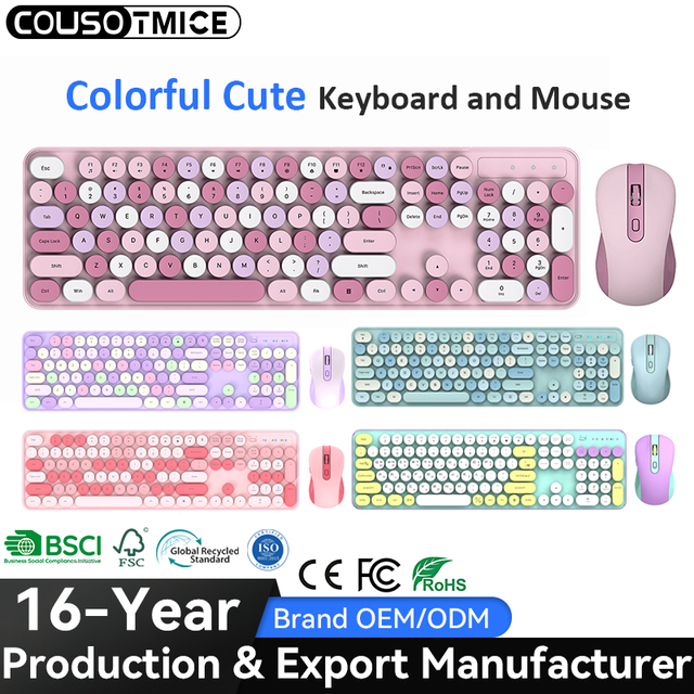 AMZ Hot Sale 104-Key Retro Round Keycap Office Keyboard Mouse Combo Cordless Cute Colorful Silent Wireless Keyboard and Mouse