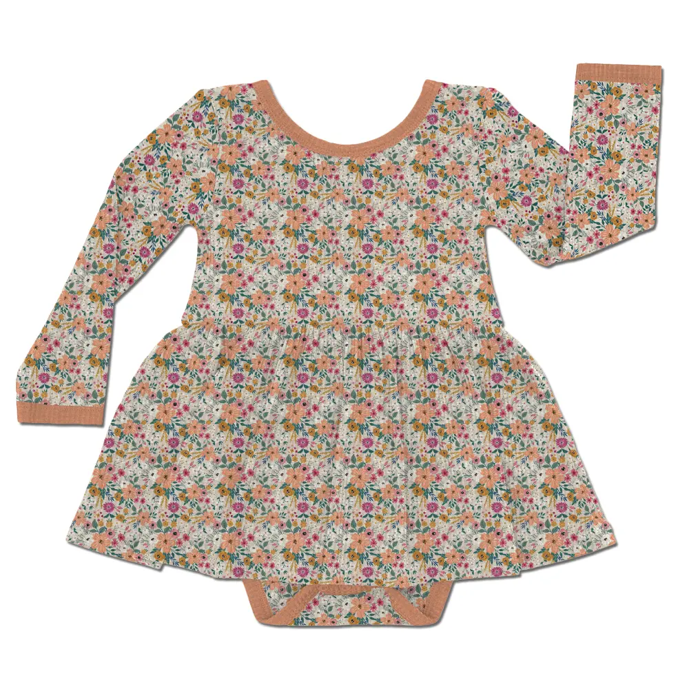 Kid'S Long Sleeve Girl Dress Made From Soft Breathable Bamboo Fiber Features Raw Edge Hem Crew Nec