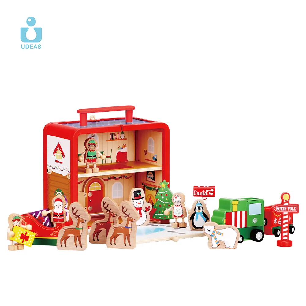 Udeas Houten Kerst Poppen Doos Set Speelhuis Speelgoed Met Eland Sneeuwpop Santa Claus