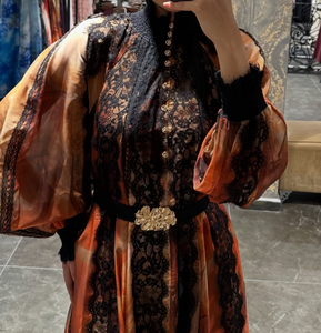 Vestido Abaya Musulmán Modesto <span class=keywords><strong>con</strong></span> Estampado Degradado, <span class=keywords><strong>Encaje</strong></span> <span class=keywords><strong>y</strong></span> Chifón, Vestido Largo Maxi <span class=keywords><strong>con</strong></span> Cinturón <span class=keywords><strong>y</strong></span> Mangas Abullonadas, Traje de Noche para Fiesta de Eid para Mujer - Product Image 3