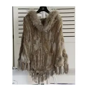 YR445 Poncho en <span class=keywords><strong>fourrure</strong></span> de lapin pour <span class=keywords><strong>femme</strong></span> avec étole à capuche en <span class=keywords><strong>fourrure</strong></span> de raton laveur avec glands - Product Image 1