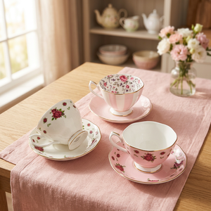 Vintage Porcelain <b>Tea</b> Cup Saucer <b>Set</b> with Spoon Floral Design Gold Trim <b>Gift</b> Box-Party & Wedding Use 230ml ZF Global Export - Product Image 3