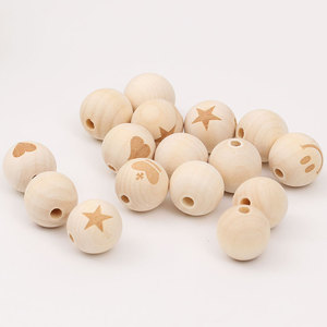 Perles en bois rondes gravées au laser en forme de cœur, étoile, couronne, sourire pour la fabrication de bracelets, couleur bois naturel, 20 mm - Product Image 4