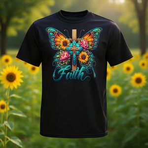 Camiseta vintage cristiana con diseño de cruz, girasol, mariposas y flores - Product Image 3