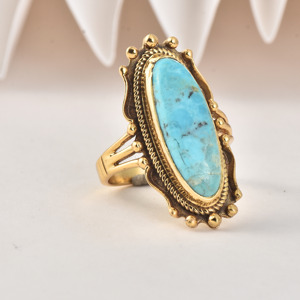 Anillo de Turquesa Natural, Plata de Ley 925, Chapado en Oro, Anillo con Piedra Preciosa Marquise Grande, Joyería Vintage Hecha a Mano para Mujer - Product Image 3