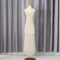 KD2449 Nouvelle Robe d'été en tricot pour femme, style mode, à col carré long, bretelles ajourées au crochet, patchwork à pompons, style resort