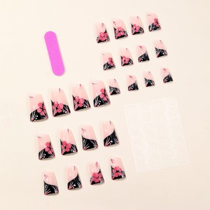 24 pièces/ensemble Faux ongles à presser forme bec de canard, noir, bord français diagonale, avec motif floral, vente en gros A3-04-12 - Product Image 2