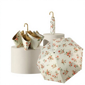 Paraguas de Doble Uso para Sol y Lluvia para Mujer, con Diseño Floral Dorado y Varilla Dorada, Diseño de una Sola Pieza, Gran Venta - Product Image 1