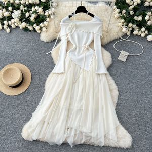 Robes irrégulières en maille à manches longues et col carré à fleurs 3D pour femmes, tendance - Product Image 3