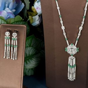 HIBRIDE magnifique Zircon cubique gland longue chaîne collier et boucles d'oreilles ensembles pour femmes couleur blanche pull Costume bijoux N-915 - Product Image 2