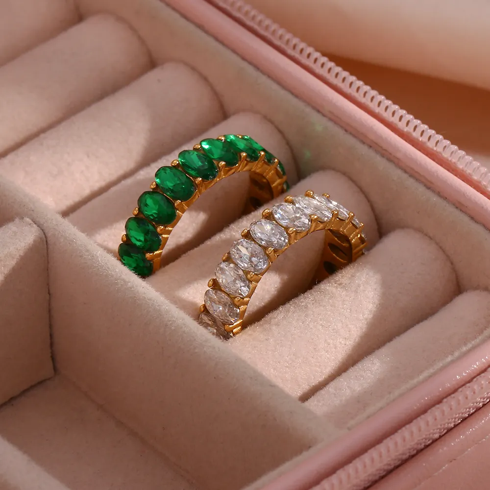 18K Gold Plated Jewelry Stainless Steel Green White Cubic Zirconia Diamond Inlaid Eternal Rings Engagement Wedding for Women