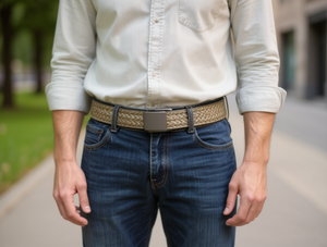 Cintura Intrecciata a Coste da Uomo 4.0cm 125cm Kaki con Fibbia in Ferro per Uso Casual - Product Image 2