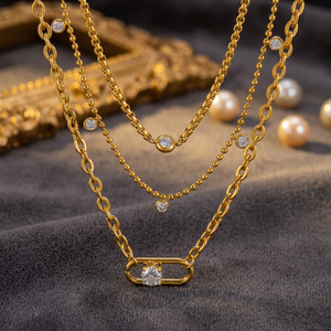 Luxury 18K Gold Plated Alloy Layered <b>Chain</b> Necklace With Cubic Zirconia Setting For Party Gift - Product Image 1
