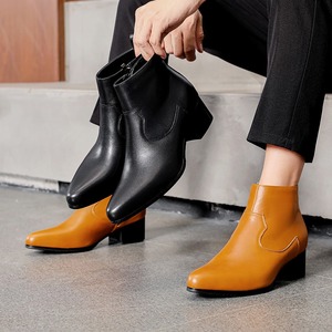 2026 New Winter-Spring Men's Leather Short Boots Pointed Toe High Top Top Layer Cowhide High Heel Boots men's shoes - Product Image 4