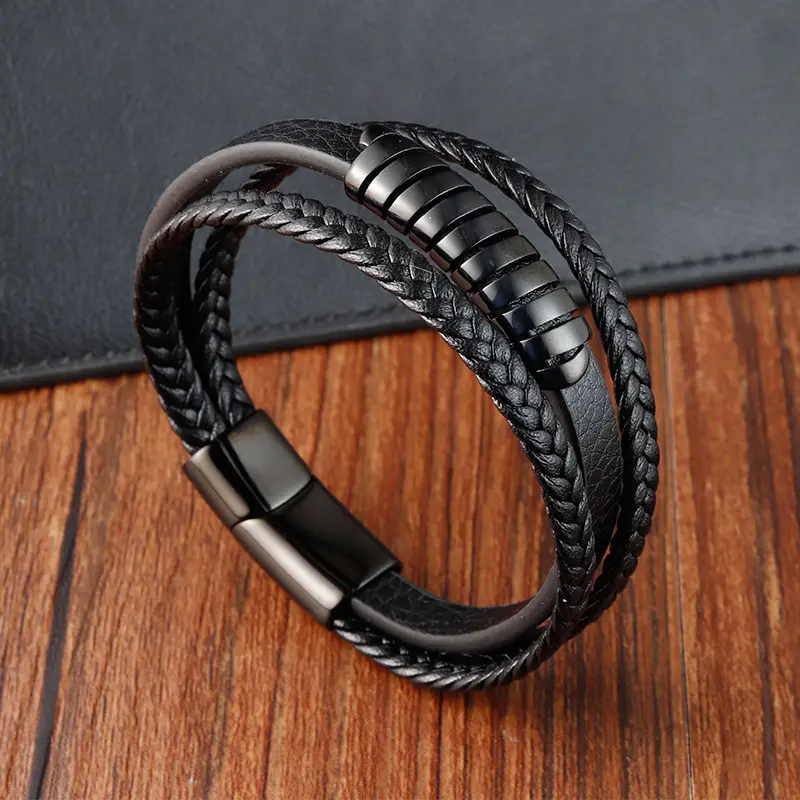 2023 Hot-Sale Handmade Woven Black Leather Bracelet Fashion Stainless Steel With Magnetic Clasp Multilayer Leather Bracelet