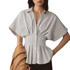 Europa y América cintura <span class=keywords><strong>camisa</strong></span> Casual <span class=keywords><strong>Joker</strong></span> rayas tejido verano Vintage moda botón frontal decoración patrón sólido <span class=keywords><strong>Joker</strong></span> <span class=keywords><strong>camisa</strong></span> - Product Image 1