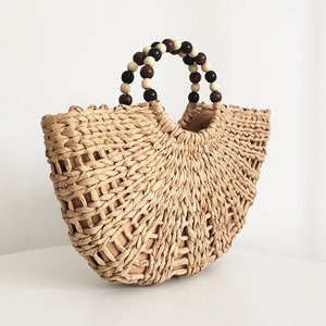 Bolso Tote de Paja Tejida Estilo Bohemio con Asa de Cuentas de Madera, Gran Capacidad, Bolso de Playa Hueco para Vacaciones de Verano y Viajes - Product Image 3