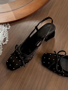 Black Satin Bow Back Strap Pointed Toe Sandals Women Thick <b>Block</b> Heel Elegant Party High Heels - Product Image 3