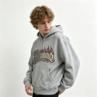 Hoodie Zip Up Acid Wash Flame Gothic Abu-abu Distressed Jiiioood Grafis Katun Tebal Pria Vintage Wash Streetwear Atasan