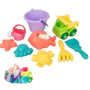 Hot selling 9pcs play sand bucket beach tools water toys for children with little sand truck and beach shovels