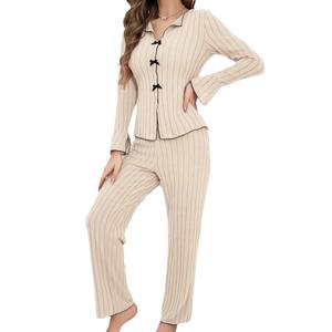 Pijamas de punto sólido para mujer, estilo europeo y americano, conjunto de dos piezas, cálido y casual para el hogar, de manga larga, para otoño y primavera, ¡los más vendidos! - Product Image 5