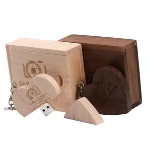 Wooden Heart Shape USB Flash Memory Sticks Pen Drive With Custom Wood Box For Valentine's Day Wedding Gifts Promotions