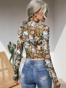 Collezione all'ingrosso 2025 primavera estate elegante <span class=keywords><strong>marrone</strong></span> motivo floreale manica lunga a collo alto a maglia Casual camicette da <span class=keywords><strong>donna</strong></span> - Product Image 3