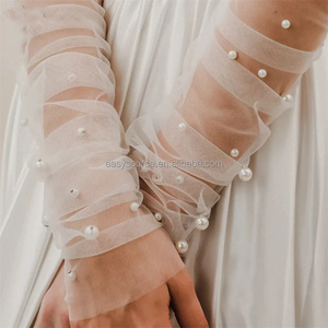 Guantes de Novia YM87, Elegantes, sin Dedos, Cortos, de Tul con Perlas, Mangas de Dama de Honor, Hechos a Mano, de Poliéster, <span class=keywords><strong>Accesorios</strong></span> de <span class=keywords><strong>Matrimonio</strong></span> para Mujer - Product Image 3