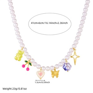 Cute Cartoon Pearl Necklace With Gold Plated Cherry Butterfly Pendant Everyday Wear Jewelry - Product Image 4