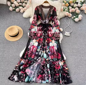 Moda çiçek Maxi katmanlı fırfır elbise kadın parti A Line elbiseler uzun akşam zarif Modern