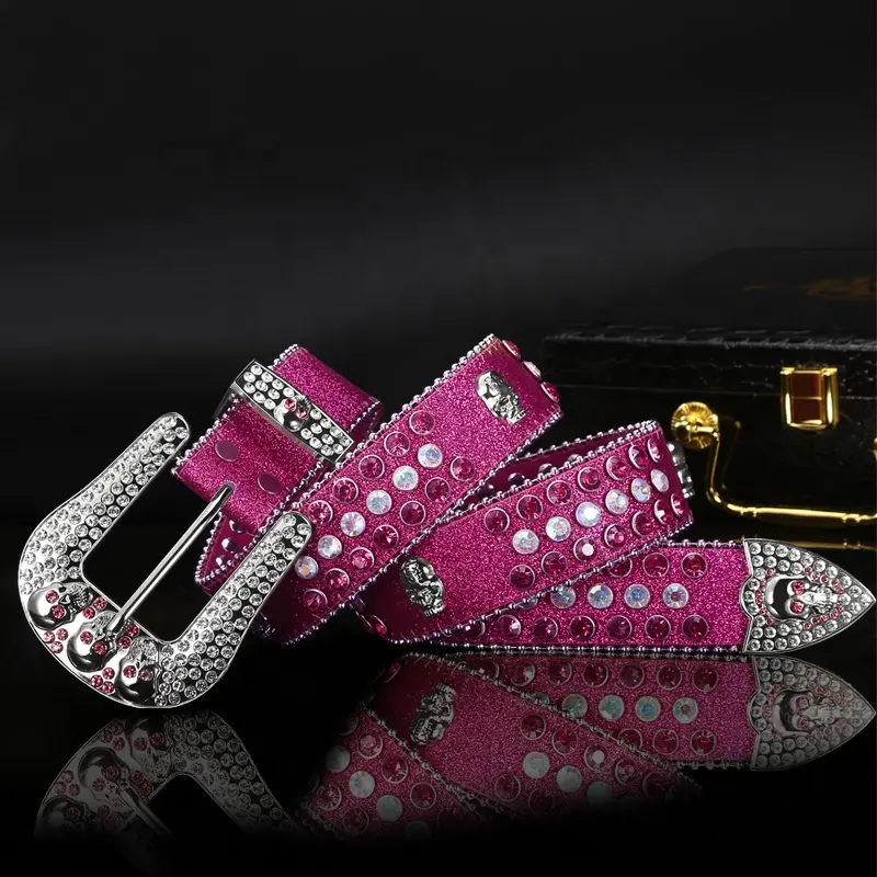 Cinturón de cuero occidental con diamantes de imitación BB SIMON CrystalBelt Hebilla Algodón OEM Piezas personalizadas Color