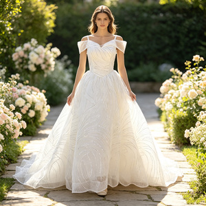 Nuevo Diseño Elegante <span class=keywords><strong>de</strong></span> Lentejuelas Vestido <span class=keywords><strong>de</strong></span> <span class=keywords><strong>Novia</strong></span> <span class=keywords><strong>de</strong></span> Gala con Hombros Descubiertos y Cuello en V Manga Corta Encaje Moderno Teñido Liso - Product Image 1