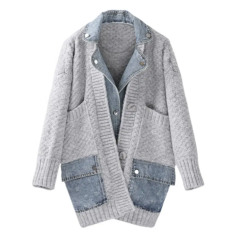Ladies Knitting Jacket Women False Two Pieces Grey Plus Size Casual Cardigan Sweaters