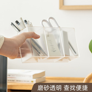 Three Compartment Transparent Pen Holder Plastic Desk Storage Box For Office Student Stationery Organization - Product Image 4