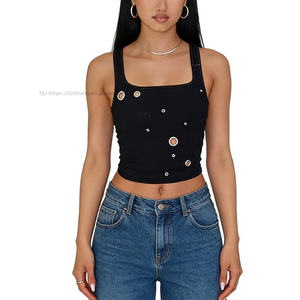 Women's Square Neck Sleeveless Crop Top - <b>Metal</b> Ring Embellished Ribbed Slim Fit Top Vest Fashion - Product Image 2