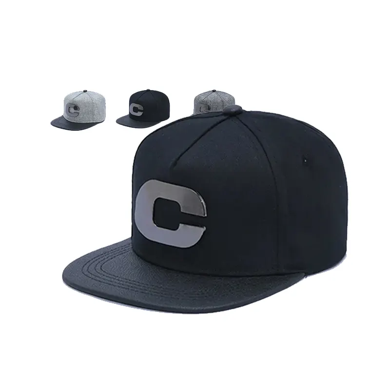 Outdoor 6 Panel Hüte Acryl Hip Hop Kappe Snapback Hut Metall Logo Leder Krempe Mode benutzer definierte Snap Back Hüte