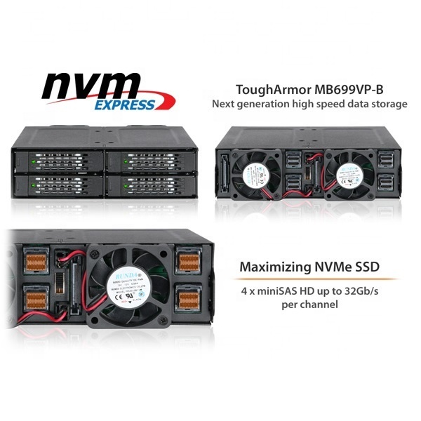NEW Icy Dock MB699VPB Rugged Full Metal 4 Bay 2.5in NVMe U.2 SSD Mobile Rack for
