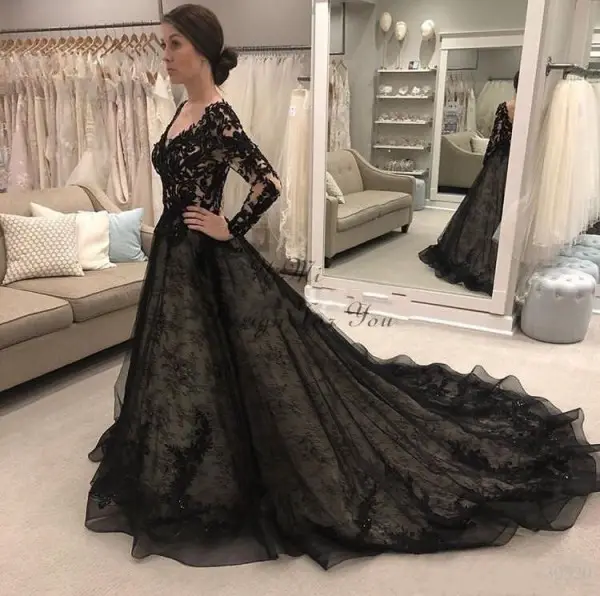 Vintage Long Sleeves Very Long Tail Black Lace Champagne Lining Wedding Gown