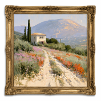 Peinture à l'huile de villa toscane, paysage champêtre aux fleurs sauvages, toile encadrée or faite à la main sur mesure pour hôtel et complexe hôtelier