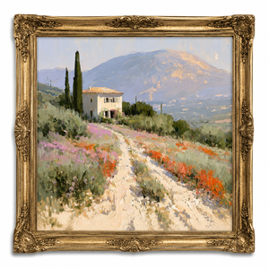 Pintura al Óleo de Villa <span class=keywords><strong>Toscana</strong></span>, Paisaje Campestre con Flores Silvestres, Hecha a Mano, Tamaño Personalizado, Lienzo con Marco Dorado, Arte de Pared para Hotel o Resort - Product Image 1