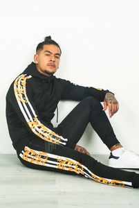 Diseño personalizado Slim Fit rayas Jogger trajes para los hombres nuevo logotipo de la marca de invierno ropa de calle ropa negra Panel vino con capucha de talla grande - Product Image 3