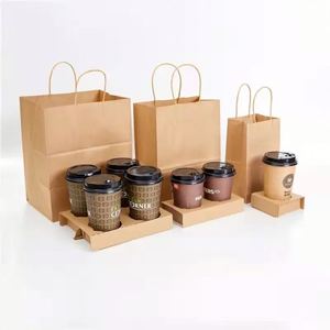 Sac en papier kraft recyclé brun imprimé avec logo personnalisé pour la vente à emporter, emballage alimentaire, sac de shopping avec poignées - Product Image 3