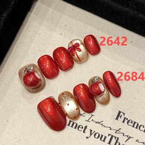 Diseño # 2642 # 2684 <span class=keywords><strong>Uñas</strong></span> Postizas de Lujo Hechas a Mano con Diseño <span class=keywords><strong>Navideño</strong></span> 3D de Manzana, 10 Piezas, Rojo Dorado Brillante, Efecto Ojo de Gato, <span class=keywords><strong>Uñas</strong></span> <span class=keywords><strong>Cortas</strong></span> a Presión, Venta al por Mayor - Product Image 6