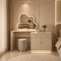Coiffeuse moderne en MDF avec miroir lumineux sur pied, tiroirs et rangements, meuble de chambre et d'appartement